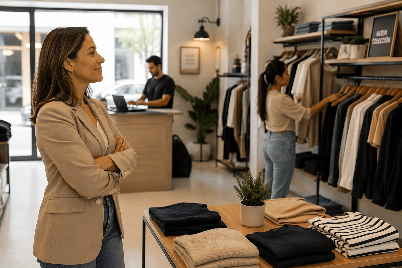 Interior de una tienda de ropa, con una clienta revisando prendas en los estantes y personal atendiendo el mostrador.